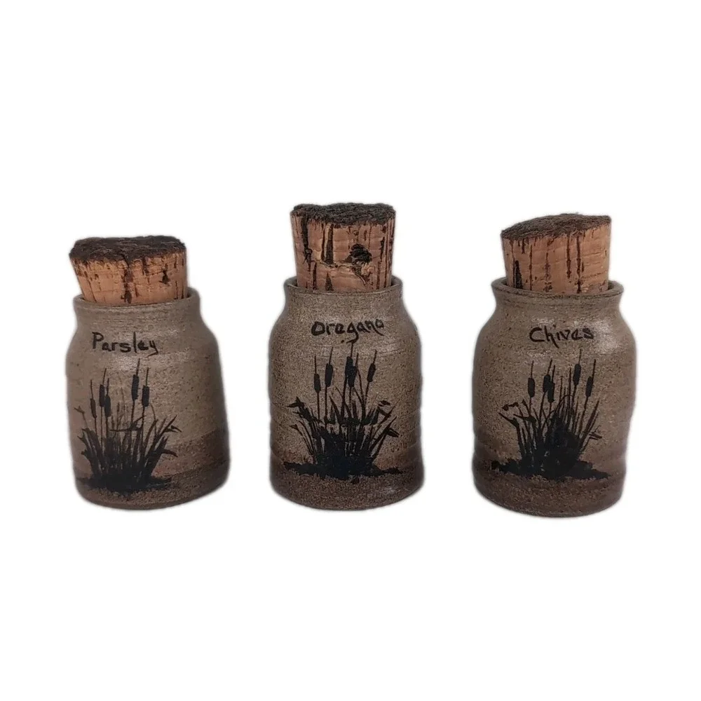 Signed Pottery 3 Spice Jars W/Cork Lids And 2 Bowls Artist P. Francis Vintage